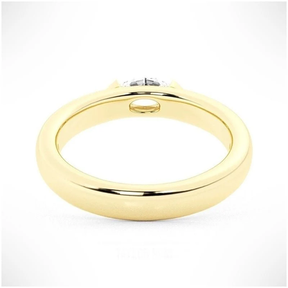 Yellow gold marquise cut moissanite east-west half bezel solitaire ring direct side profile view showing under-gallery hole