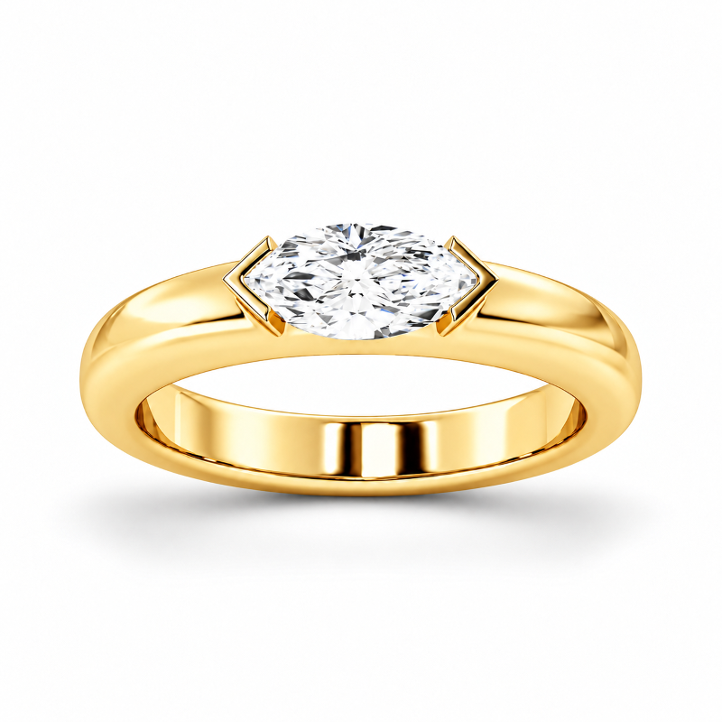 Yellow gold marquise cut moissanite east-west half bezel solitaire ring top view