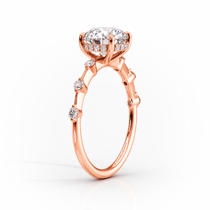 Rose gold marquise cut moissanite engagement ring 3/4 side perspective view showing bubble station band