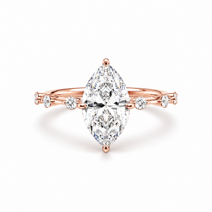 Rose gold marquise cut moissanite engagement ring top view with station accent shank