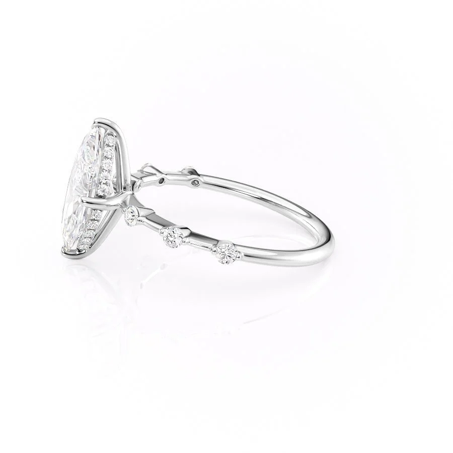 White gold marquise cut moissanite engagement ring tilted side view showing six-prong setting