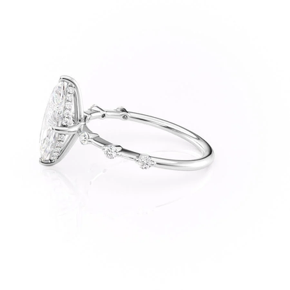 White gold marquise cut moissanite engagement ring tilted side view showing six-prong setting