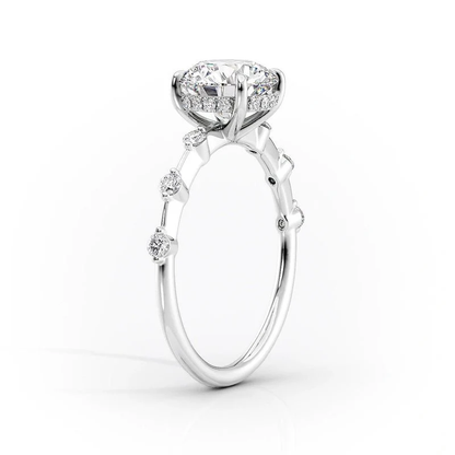 White gold marquise cut moissanite engagement ring 3/4 side perspective view showing bubble station band