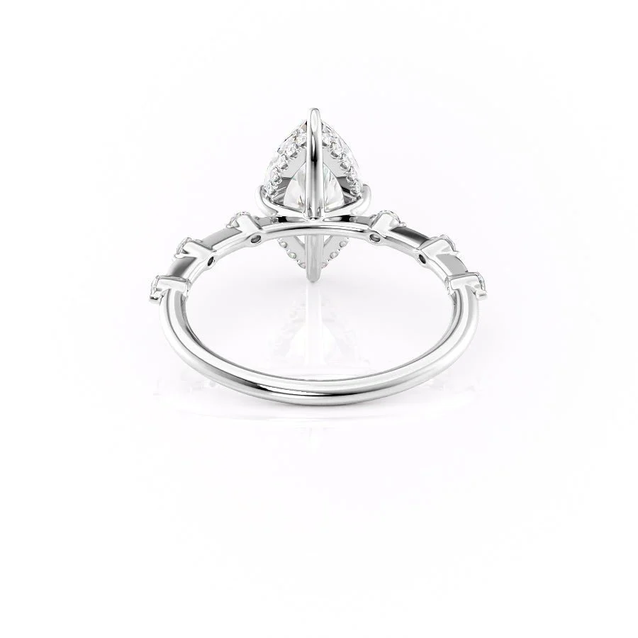 White gold marquise cut moissanite engagement ring direct side profile view showing hidden halo basket