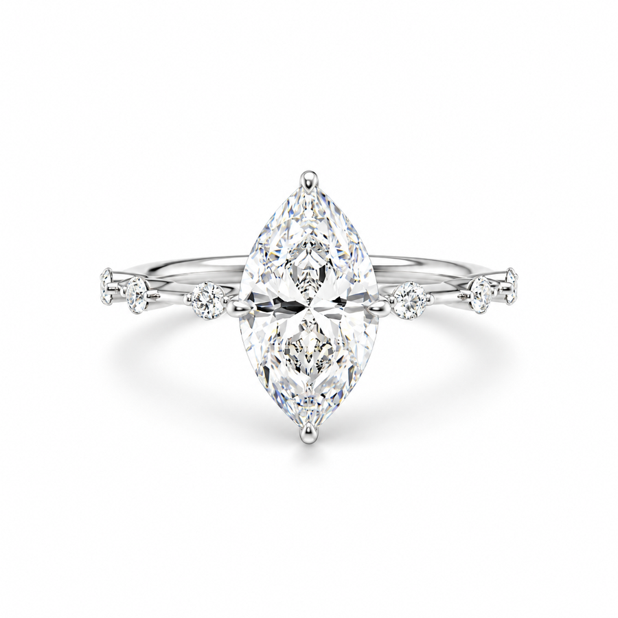 White gold marquise cut moissanite engagement ring top view with station accent shank-Novelle Vow