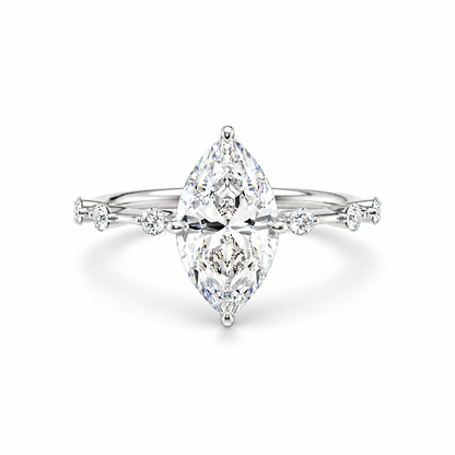 White gold marquise cut moissanite engagement ring top view with station accent shank-Novelle Vow