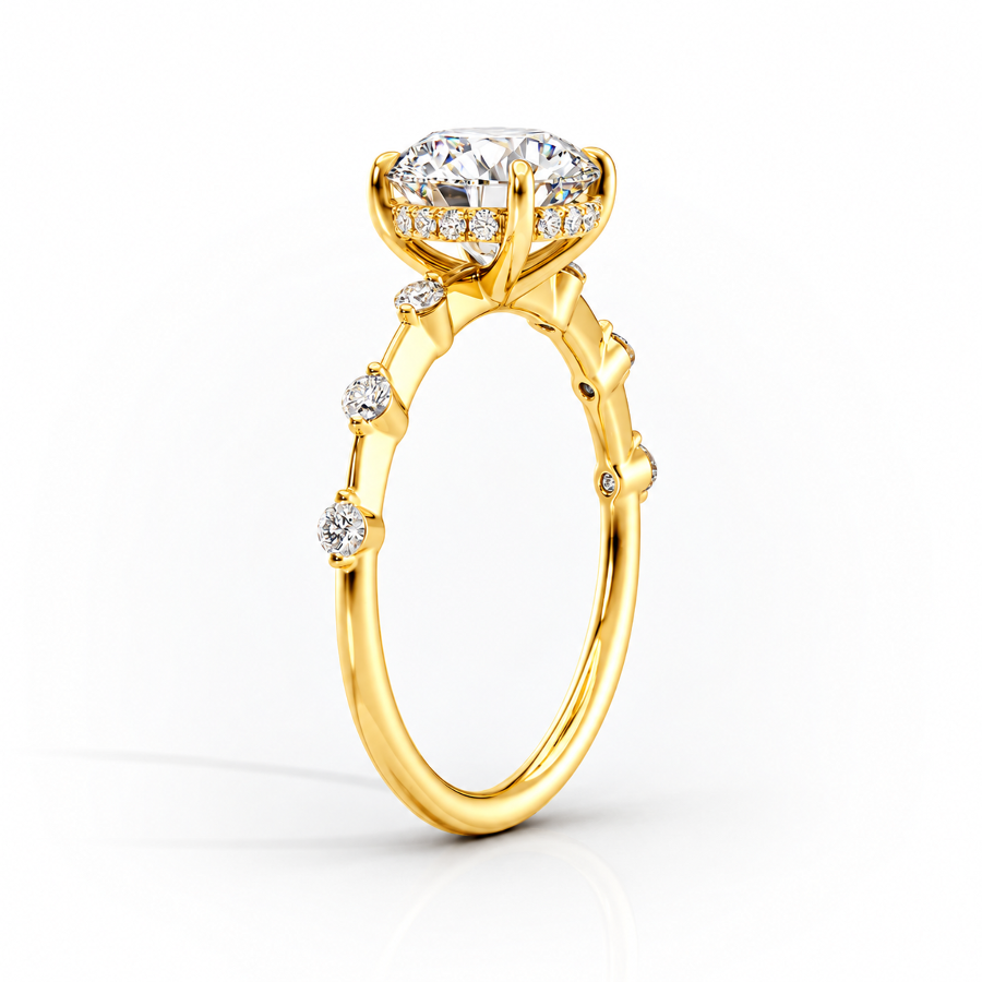 Yellow gold marquise cut moissanite engagement ring 3/4 side perspective view showing bubble station band