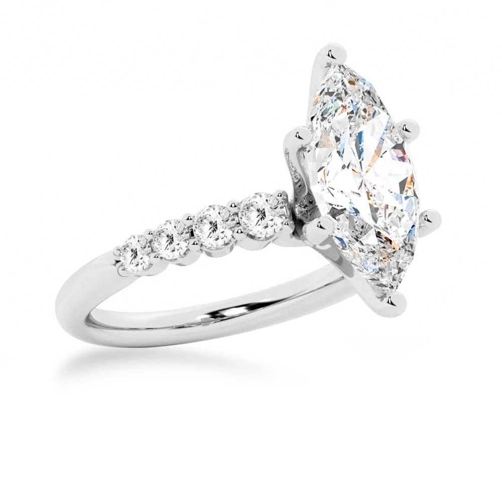 White gold marquise cut moissanite engagement ring 3/4 side perspective view showing six prong setting