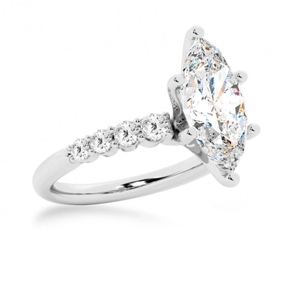 White gold marquise cut moissanite engagement ring 3/4 side perspective view showing six prong setting