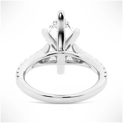 White gold marquise cut moissanite engagement ring direct side profile view showing cathedral bridge