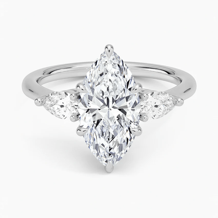 Marquise Moissanite Three Stone Engagement Ring – Past, Present & Future - Novelle Vow