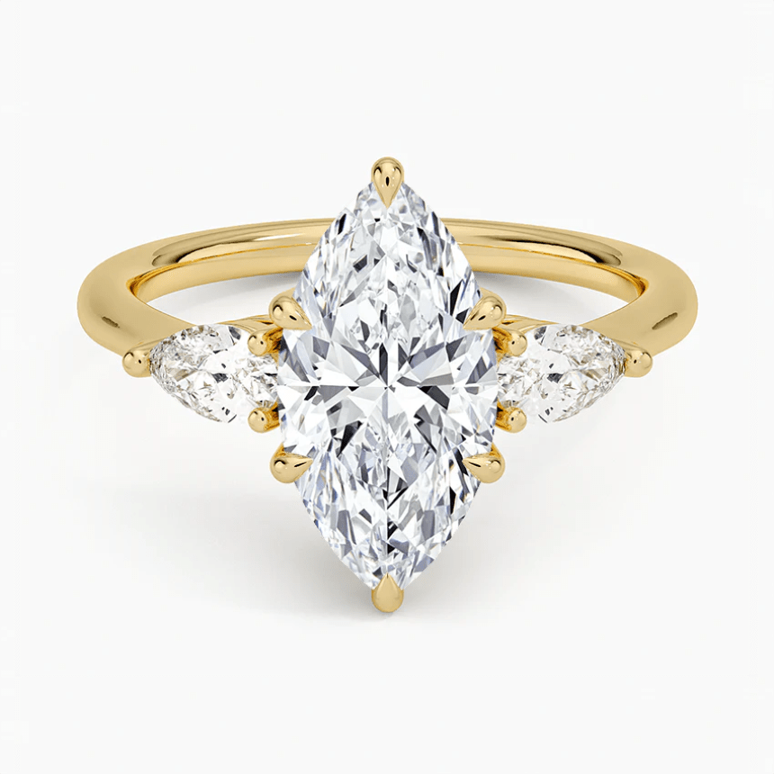 Marquise Moissanite Three Stone Engagement Ring – Past, Present & Future - Novelle Vow