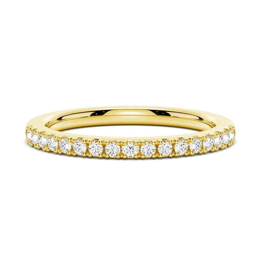 Yellow gold pave moissanite wedding band top view for bridal set