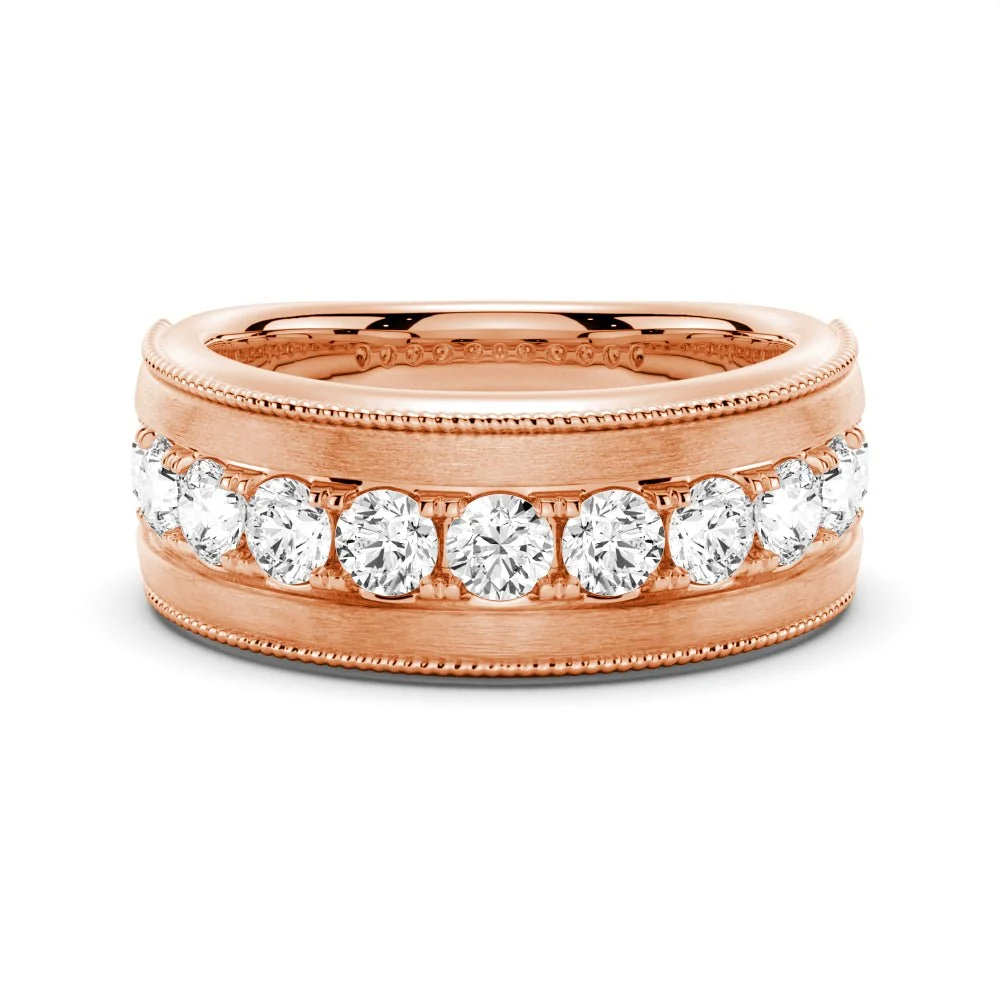 Front horizontal view of men's 9mm wide satin brushed moissanite wedding band in rose gold color