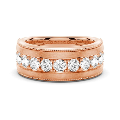 Front horizontal view of men's 9mm wide satin brushed moissanite wedding band in rose gold color