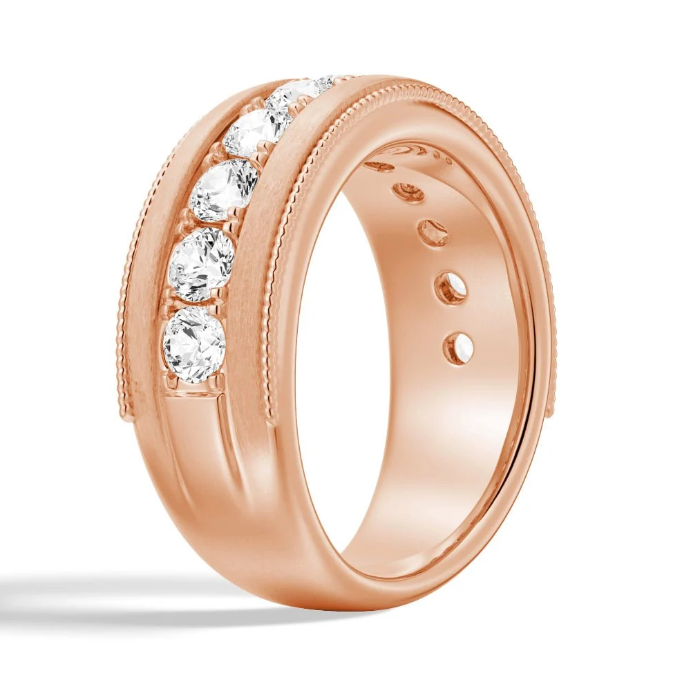 Three-quarter perspective view of men's 9mm moissanite wedding ring with milgrain details in rose gold color