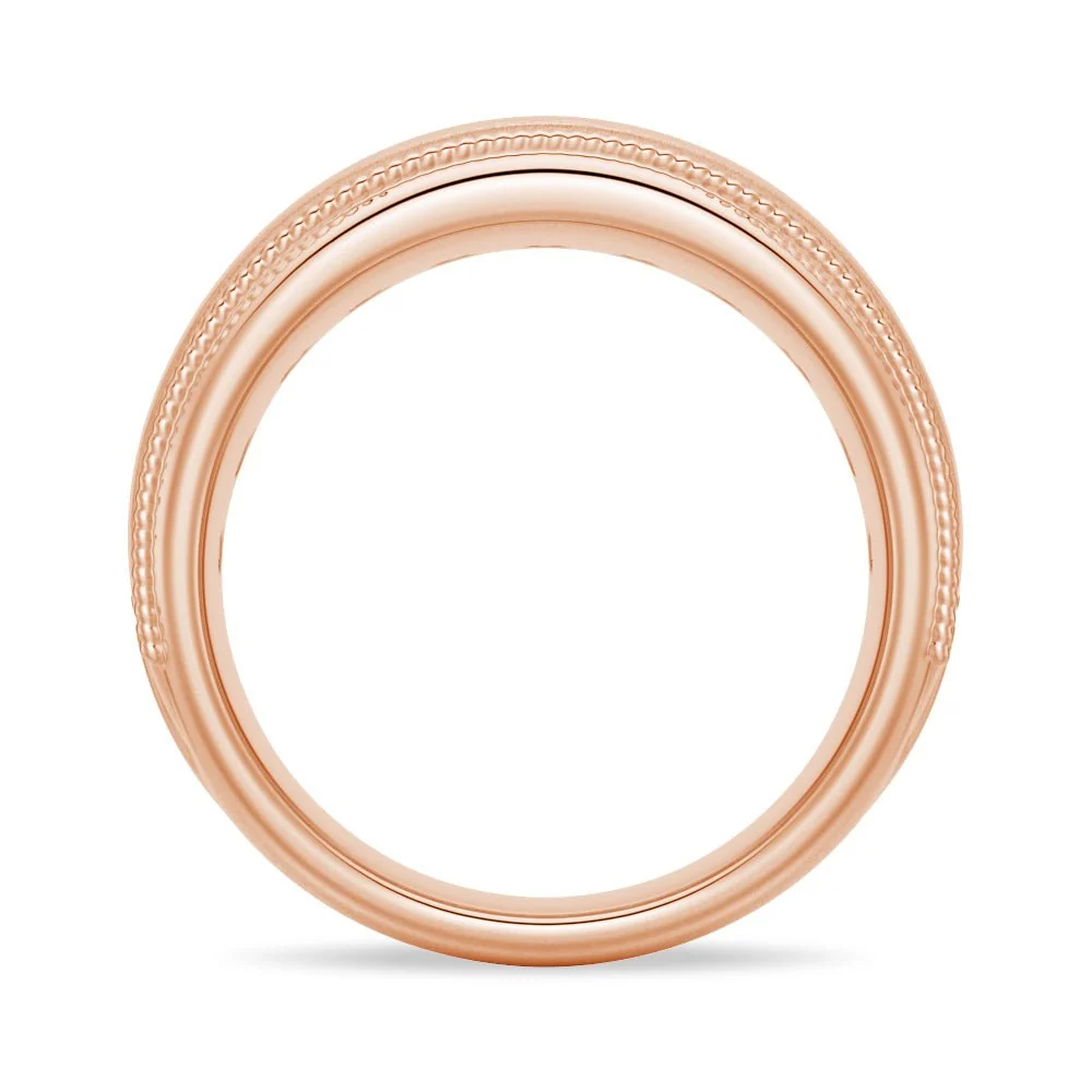 Side profile view showing round inner band and milgrain edging of men's wedding ring in rose gold color