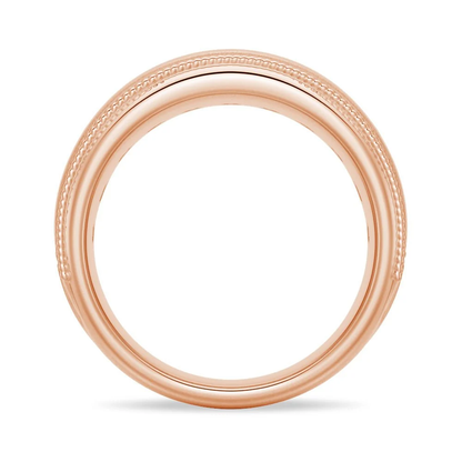 Side profile view showing round inner band and milgrain edging of men's wedding ring in rose gold color