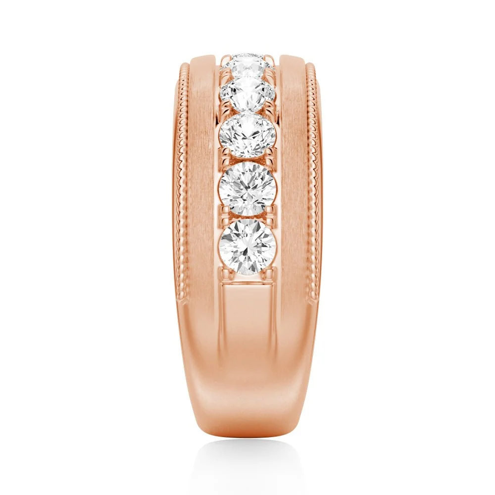 Top vertical view of men's 9mm channel bezel round moissanite wedding band in rose gold color