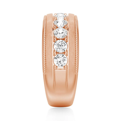 Top vertical view of men's 9mm channel bezel round moissanite wedding band in rose gold color