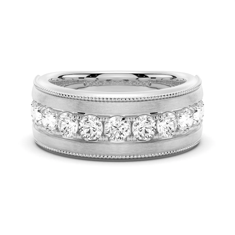 NOVELLE VOW front horizontal view of men's 9mm wide satin brushed moissanite wedding band in white gold color