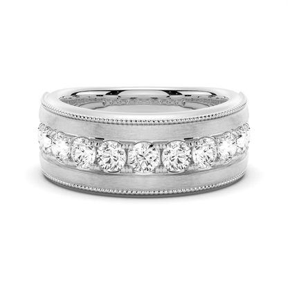 NOVELLE VOW front horizontal view of men's 9mm wide satin brushed moissanite wedding band in white gold color