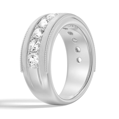 Three-quarter perspective view of men's 9mm moissanite wedding ring with milgrain details in white gold color