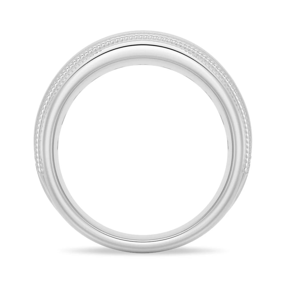 Side profile view showing round inner band and milgrain edging of men's wedding ring in white gold color