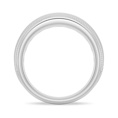 Side profile view showing round inner band and milgrain edging of men's wedding ring in white gold color