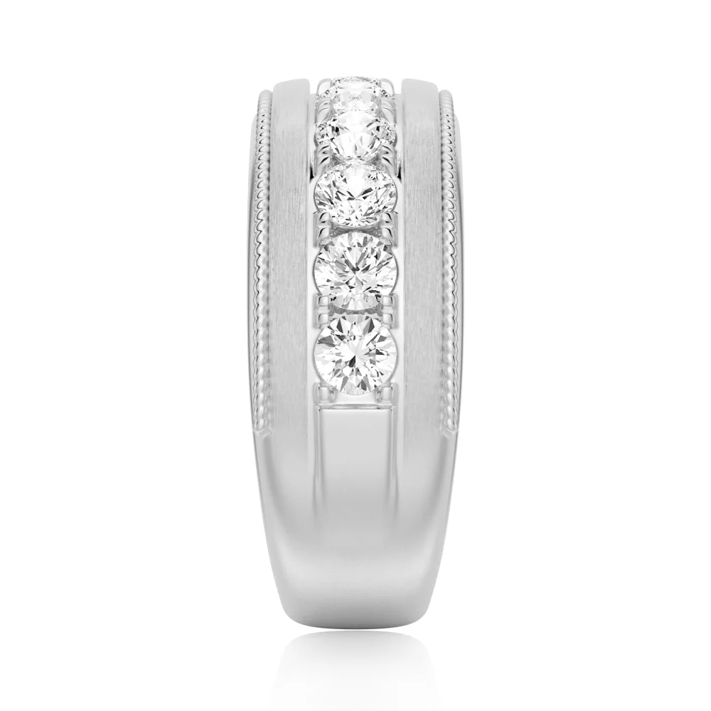 Top vertical view of men's 9mm channel bezel round moissanite wedding band in white gold color