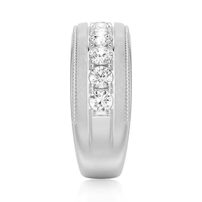 Top vertical view of men's 9mm channel bezel round moissanite wedding band in white gold color