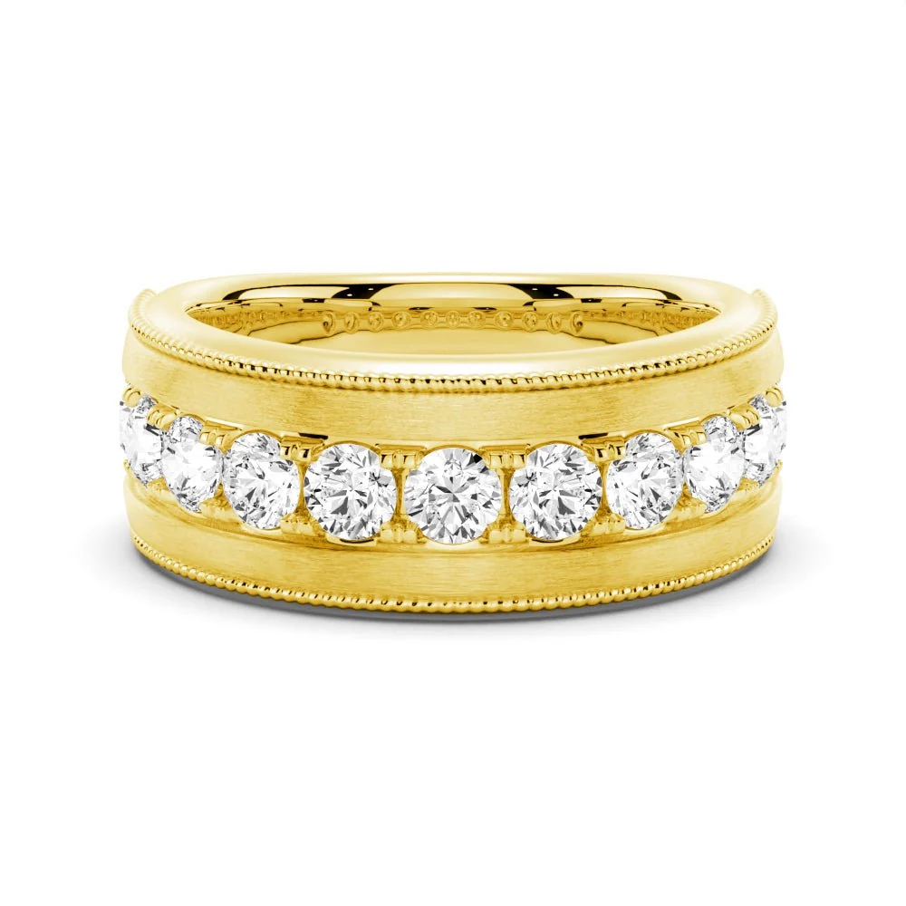 Front horizontal view of men's 9mm wide satin brushed moissanite wedding band in yellow gold color