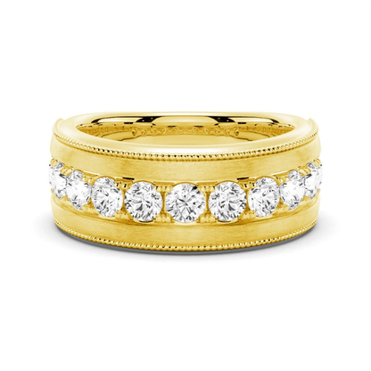 Front horizontal view of men's 9mm wide satin brushed moissanite wedding band in yellow gold color