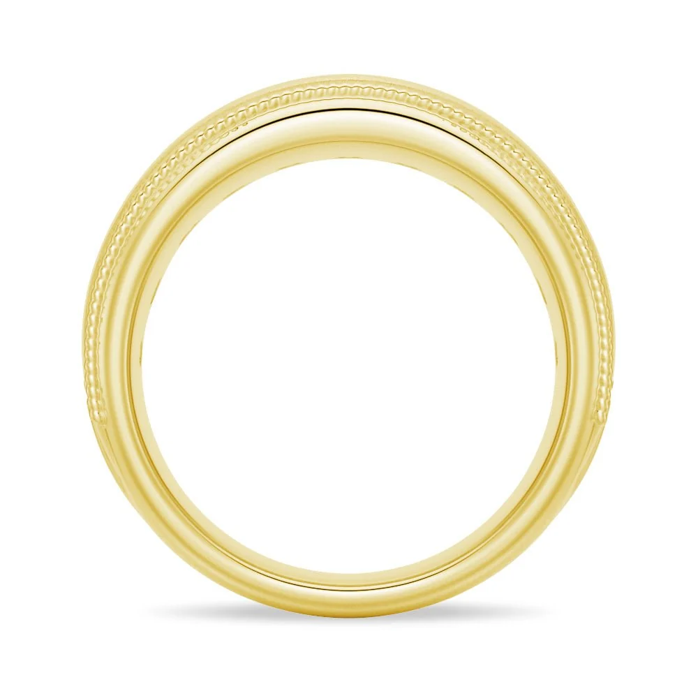 Side profile view showing round inner band and milgrain edging of men's wedding ring in yellow gold color