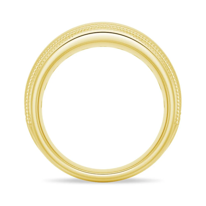 Side profile view showing round inner band and milgrain edging of men's wedding ring in yellow gold color