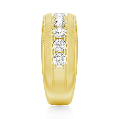 Top vertical view of men's 9mm channel bezel round moissanite wedding band in yellow gold color