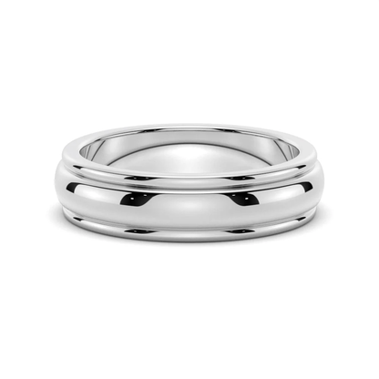 Front view of 6mm monochrome white gold high-polish dome wedding band with stepped edge