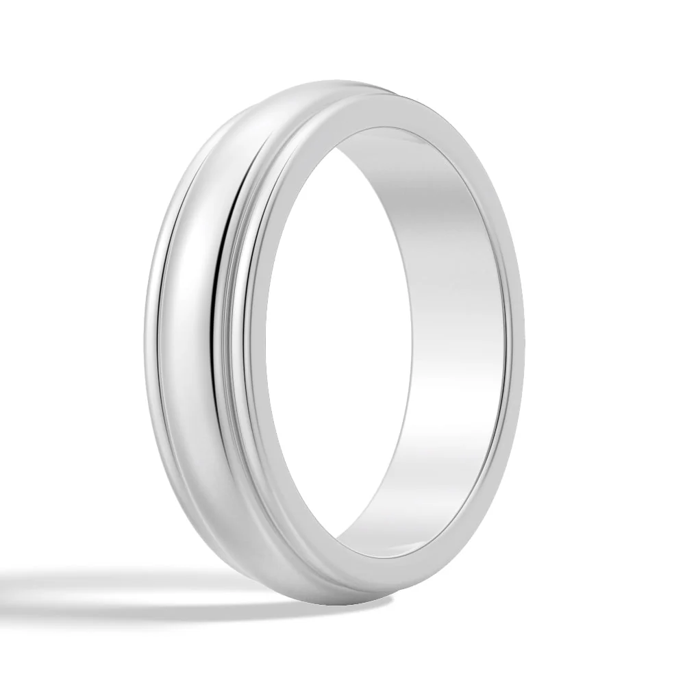 Perspective angle view of 6mm solid white gold comfort fit stepped rim ring