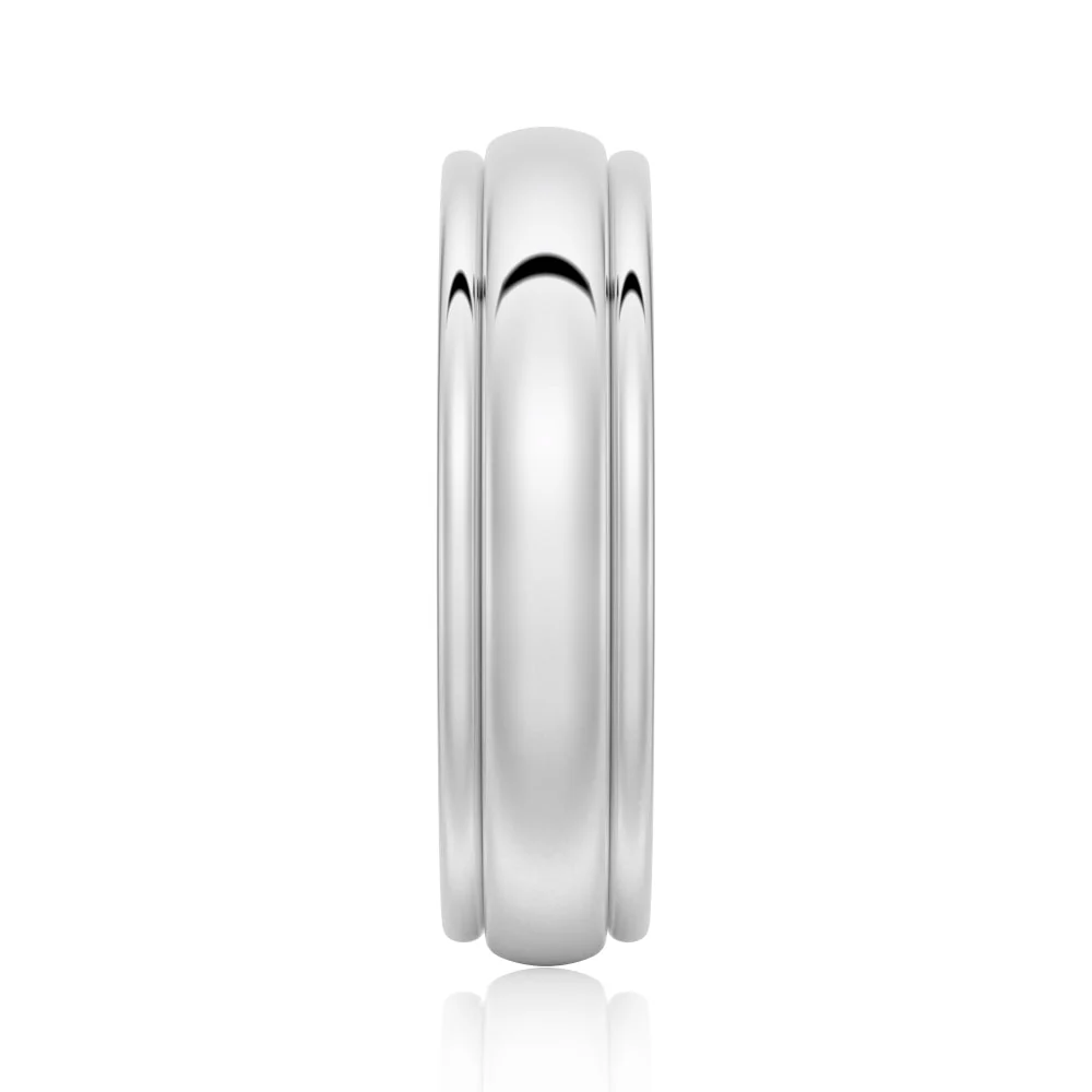 Vertical side profile view of 6mm high polish white gold dome stepped wedding band