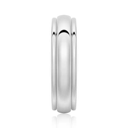 Vertical side profile view of 6mm high polish white gold dome stepped wedding band