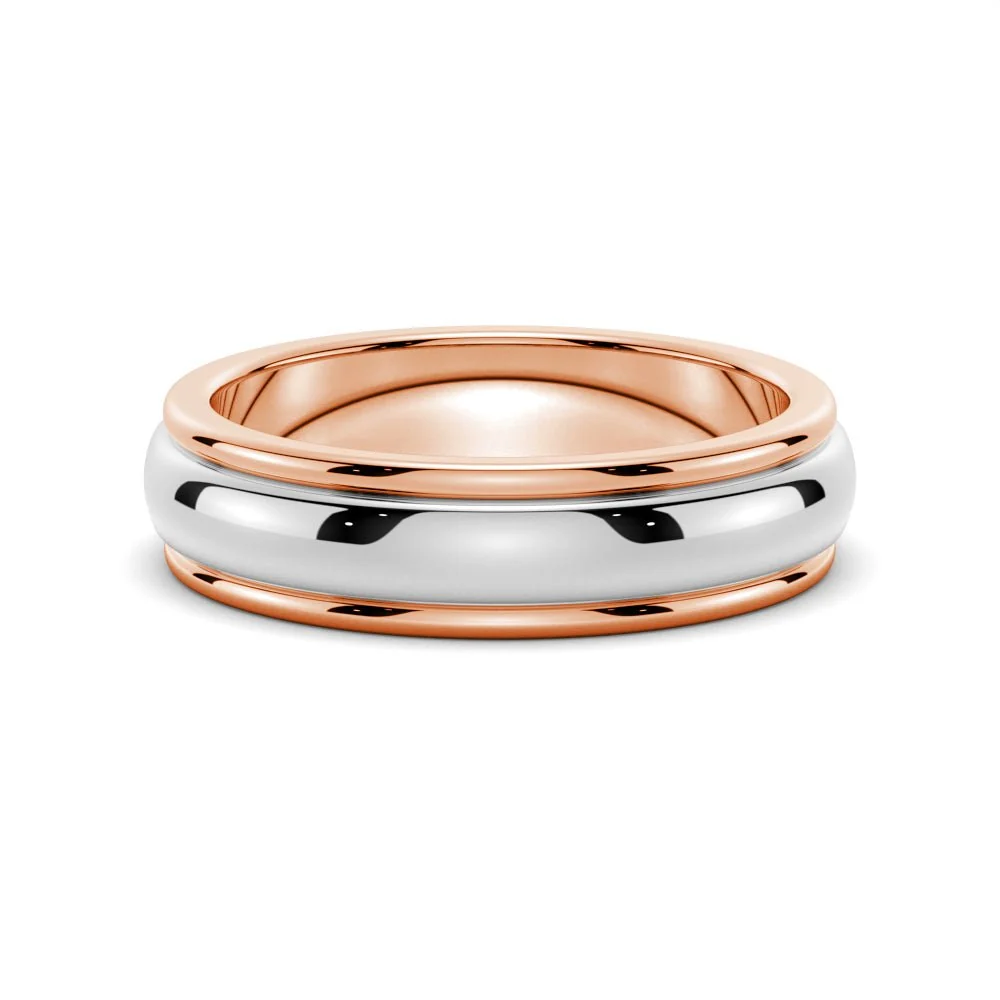 Front view of 6mm two-tone rose gold and white gold high-polish stepped rim wedding ring