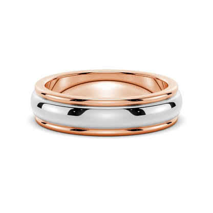 Front view of 6mm two-tone rose gold and white gold high-polish stepped rim wedding ring