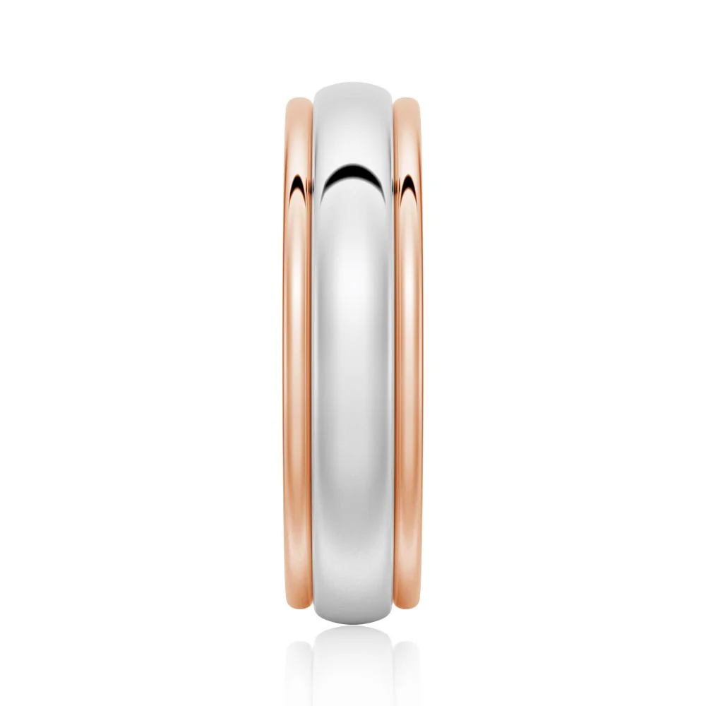 Vertical side profile view of 6mm two-tone rose gold and white gold plain wedding band