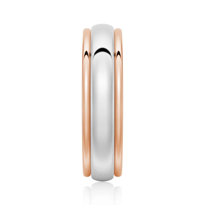 Vertical side profile view of 6mm two-tone rose gold and white gold plain wedding band