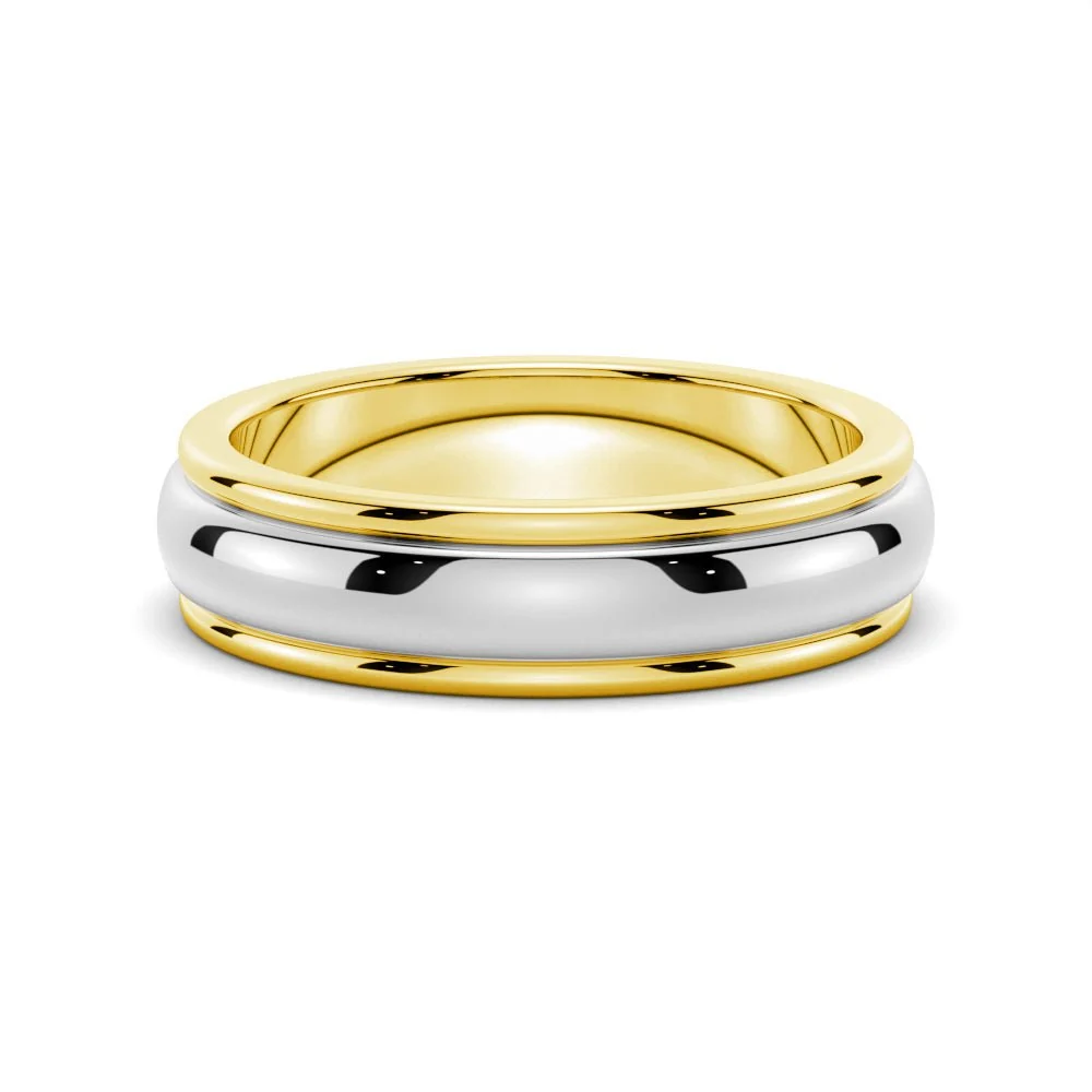 NOVELLE VOW front view of 6mm two-tone yellow gold and white gold polished dome wedding band with stepped rim