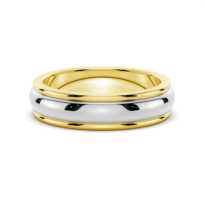 NOVELLE VOW front view of 6mm two-tone yellow gold and white gold polished dome wedding band with stepped rim
