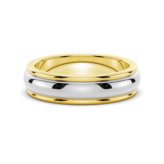 NOVELLE VOW front view of 6mm two-tone yellow gold and white gold polished dome wedding band with stepped rim