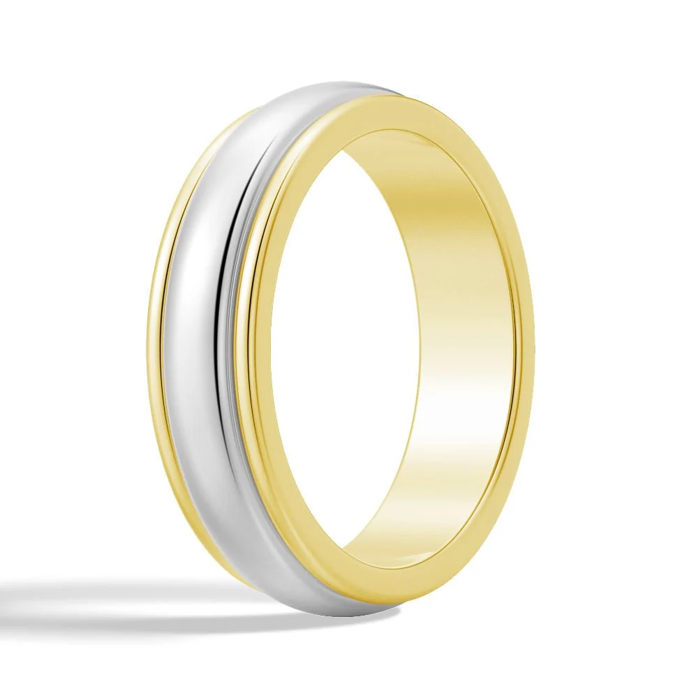 Perspective angle view of 6mm yellow and white gold two-tone comfort fit wedding ring