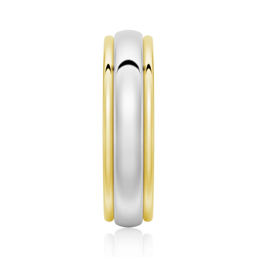 Vertical side profile view of 6mm two-tone yellow and white gold high polish dome band