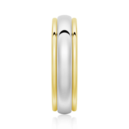 Vertical side profile view of 6mm two-tone yellow and white gold high polish dome band